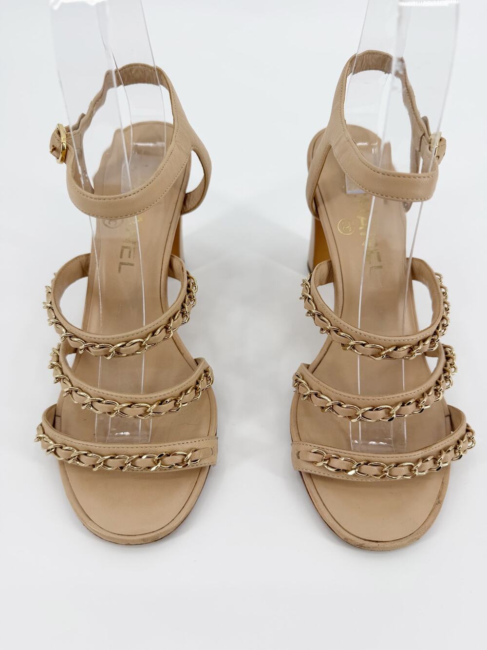 Chanel Beige Leather Chain Detail Ankle Strap Sandals Block Heel Shoes 36.5